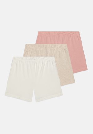 Tre par med shorts i lyse farger: off-white, beige og lys rosa. Laget av myk stoff med elastisk midje for komfort.