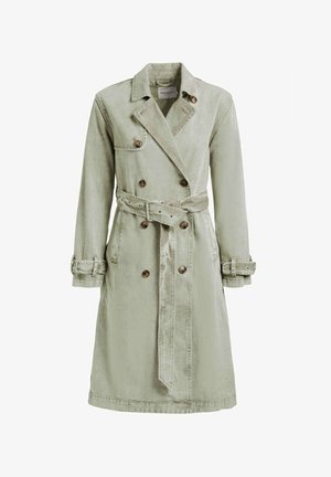 Lysegrå dobbeltradet trenchcoat med bælte og spænde-remme på ærmerne, med brune knapper og påsyet revers.