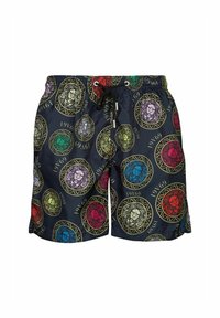 Heren zwembroek van marineblauw stof met cirkelvormige leeuwmotieven in rood, groen, paars en geel, voorzien van een elastische tailleband en trekkoord.