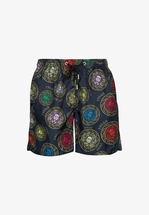 Heren zwembroek van marineblauw stof met cirkelvormige leeuwmotieven in rood, groen, paars en geel, voorzien van een elastische tailleband en trekkoord.