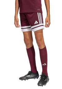 Bordeauxfarbenes Fußballtrikot mit Adidas-Logo, bestehend aus einem Rundhalsjersey und gestreiften Shorts mit weißen Akzenten. Schwarze Fußballschuhe und passende knief hohe Socken.