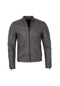 Graue Lederjacke mit Reißverschluss vorn, Stehkragen, strukturierten Schulterakzenten und Reißverschlussärmeln. Glatte Textur und taillierte Passform.