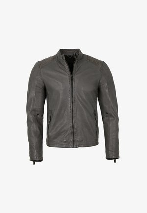 Graue Lederjacke mit Reißverschluss vorn, Stehkragen, strukturierten Schulterakzenten und Reißverschlussärmeln. Glatte Textur und taillierte Passform.