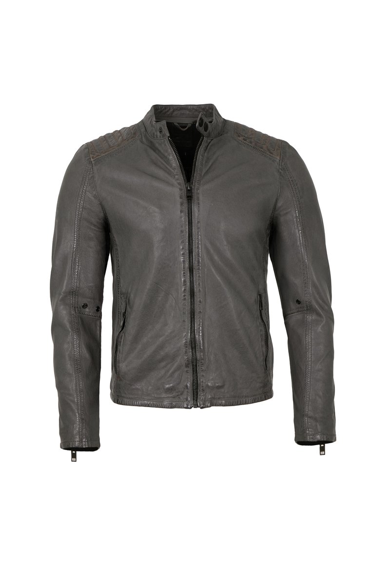 Graue Lederjacke mit Reißverschluss vorn, Stehkragen, strukturierten Schulterakzenten und Reißverschlussärmeln. Glatte Textur und taillierte Passform.