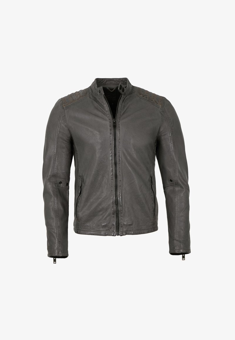 Graue Lederjacke mit Reißverschluss vorn, Stehkragen, strukturierten Schulterakzenten und Reißverschlussärmeln. Glatte Textur und taillierte Passform.