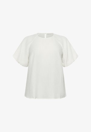 Blouse blanche à manches courtes avec un col rond, en tissu texturé, et un détail en clé de dos. Coupe décontractée avec une drapée douce.