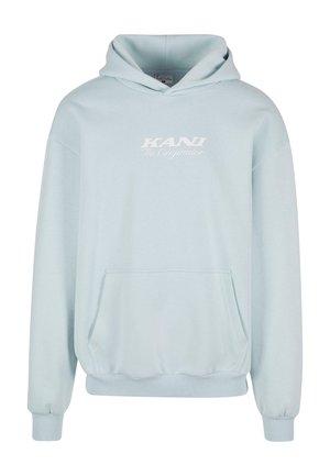 Jasnoniebieska bluza z kapturem, wykonana z miękkiego materiału, z kieszenią z przodu, ściągaczami na mankietach i nadrukiem logo na piersi. Casualowy i luźny krój.