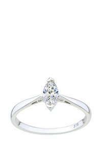 Anillo de oro blanco con una piedra central de diamante en corte marquise, banda pulida y sutiles detalles de acento en el engaste. Presente sello grabado.