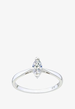 Witgouden ring met een marquise-vormige diamant in het midden, gepolijste band en subtiele accentdetails op de setting. Gegraveerd keurmerk aanwezig.