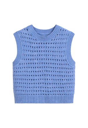 Blaues, gestricktes, ärmelloses Oberteil mit einem offenen Muster. Rippstrick am Hals und Saum sorgt für Textur und Struktur.