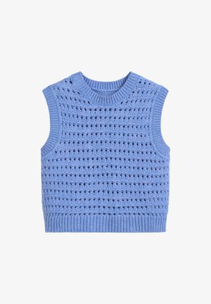 Blaues, gestricktes, ärmelloses Oberteil mit einem offenen Muster. Rippstrick am Hals und Saum sorgt für Textur und Struktur.