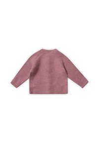 Pull en tricot de couleur rose doux avec des manches longues, un col rond et un motif de point texturé au dos.