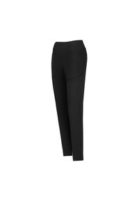 Pantaloni negri cu talie înaltă, din material elastic, cu o textură netedă, având buzunare cu fermoar și un design tip picior conic.