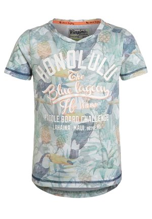 Kortærmet t-shirt med tropisk print, med tukaner, ananas og tekst, der refererer til Honolulu og paddle board-udfordringen.