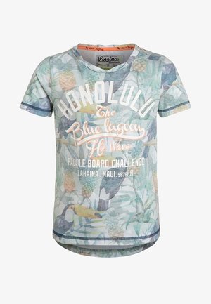 T-shirt à manches courtes avec imprimé tropical, présentant des toucans, des ananas et un texte faisant référence à Honolulu et au défi paddle.