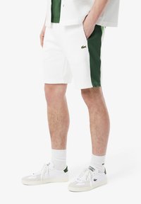 Pantaloni corti bianchi con pannelli laterali verdi, realizzati in cotone, con un piccolo logo ricamato sul lato sinistro. Abbinati a sneakers bianche e calzini.