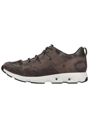 Brown suede and mesh athletic shoe with gray accents, lace-up design, cushioned white sole, and textured tread for grip.