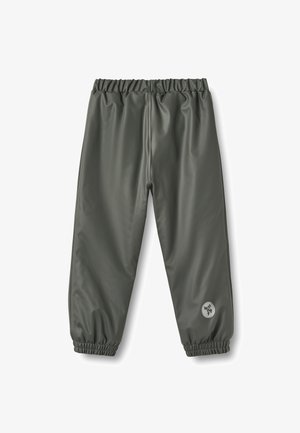 Dunkelgraue wasserdichte Hose mit elastischem Bund und Bündchen, mit einem kleinen runden Logo nahe dem linken Knöchel.