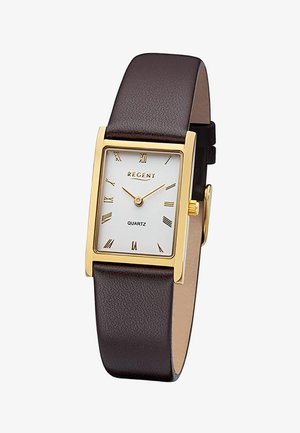 Rectangular gold case wristwatch with white dial, black Roman numerals, gold hands, and dark brown leather strap.