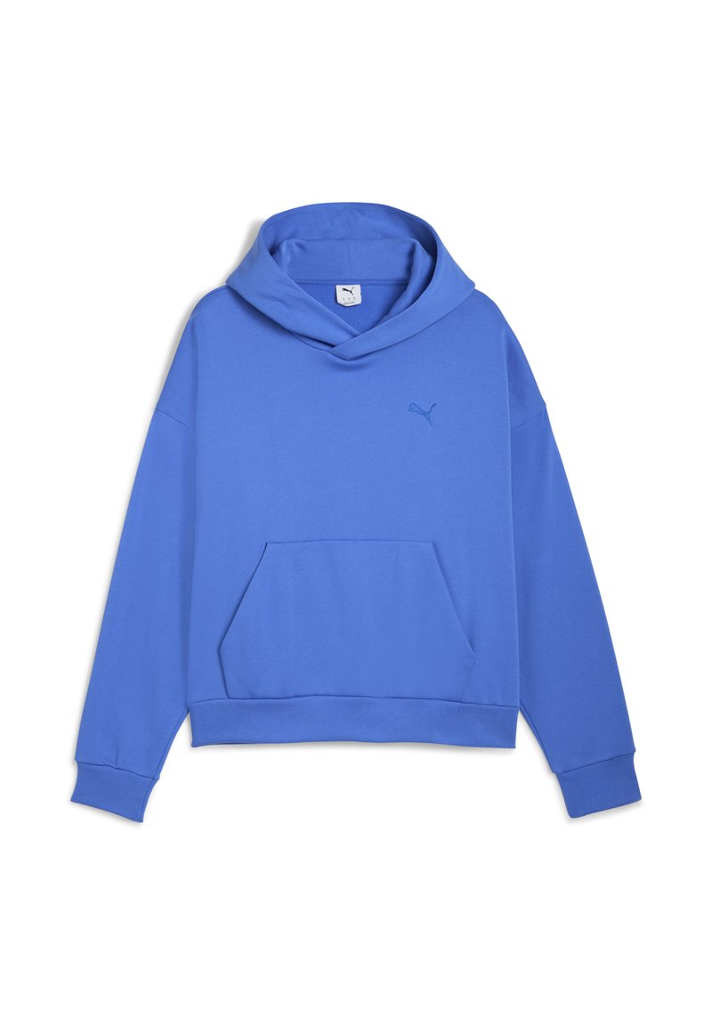 Felpa leggera azzurra con tasca a marsupio e colletto rotondo. Presenta un piccolo logo Puma dello stesso blu sul petto.
