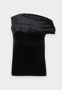 Haut en velours noir à une épaule avec une manche courte sur le côté droit et une silhouette ajustée.