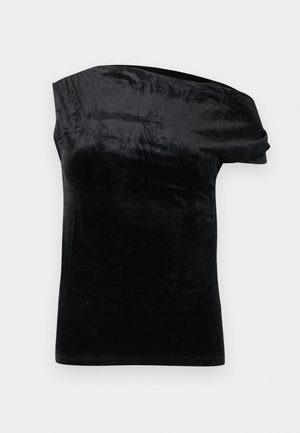 Haut en velours noir à une épaule avec une manche courte sur le côté droit et une silhouette ajustée.