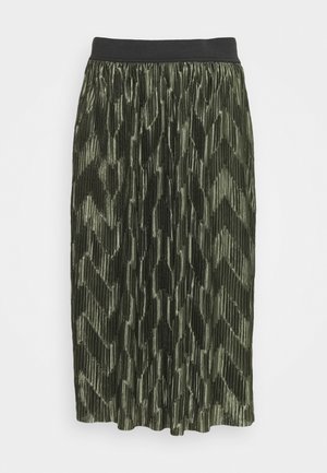 Jupe midi plissée en vert foncé avec un motif en chevrons texturé, dotée d'une taille élastique noire pour un ajustement confortable.