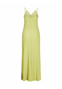 Robe longue et moulante de couleur vert lime clair, dotée de fines bretelles ajustables et d'un tissu texturé et froissé.