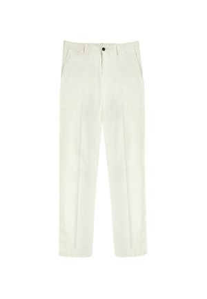 Pantalons en coton beige clair avec une coupe droite, des plis avant, une fermeture éclair et un unique bouton noir à la taille.