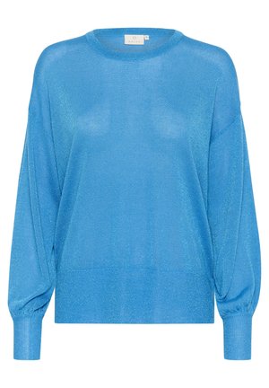 Modrá pletená svetr s mírně volným střihem, dlouhými rukávy, žebrovanými manžetami a lesklou texturou. Kulatý výstřih a minimalistický design.