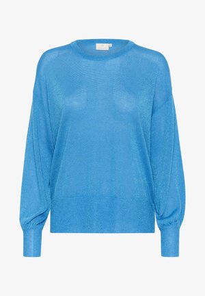 Pulover tricotat albastru cu o croială puțin largă, având mâneci lungi, manșete cu nervuri și o textură strălucitoare. Guler rotund și design minimal.