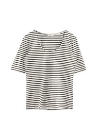 Sort og hvid stribet kortærmet t-shirt med rund halsudskæring, lavet af blødt stof, med vandrette striber over det hele.