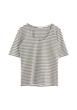 Sort og hvid stribet kortærmet t-shirt med rund halsudskæring, lavet af blødt stof, med vandrette striber over det hele.