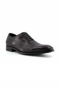 Black leather dress shoe with a smooth finish, rounded toe, five eyelet lace-up design, and a low stacked heel.