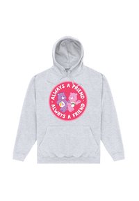 Grå hooded tröja med en framficka, med en cirkulär grafisk design i rosa, som föreställer två tecknade björnar och texten "Alltid en vän."