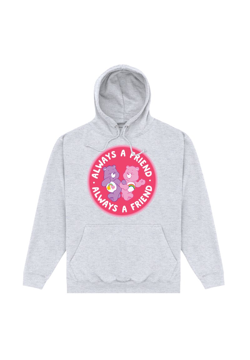 Grå hooded tröja med en framficka, med en cirkulär grafisk design i rosa, som föreställer två tecknade björnar och texten "Alltid en vän."