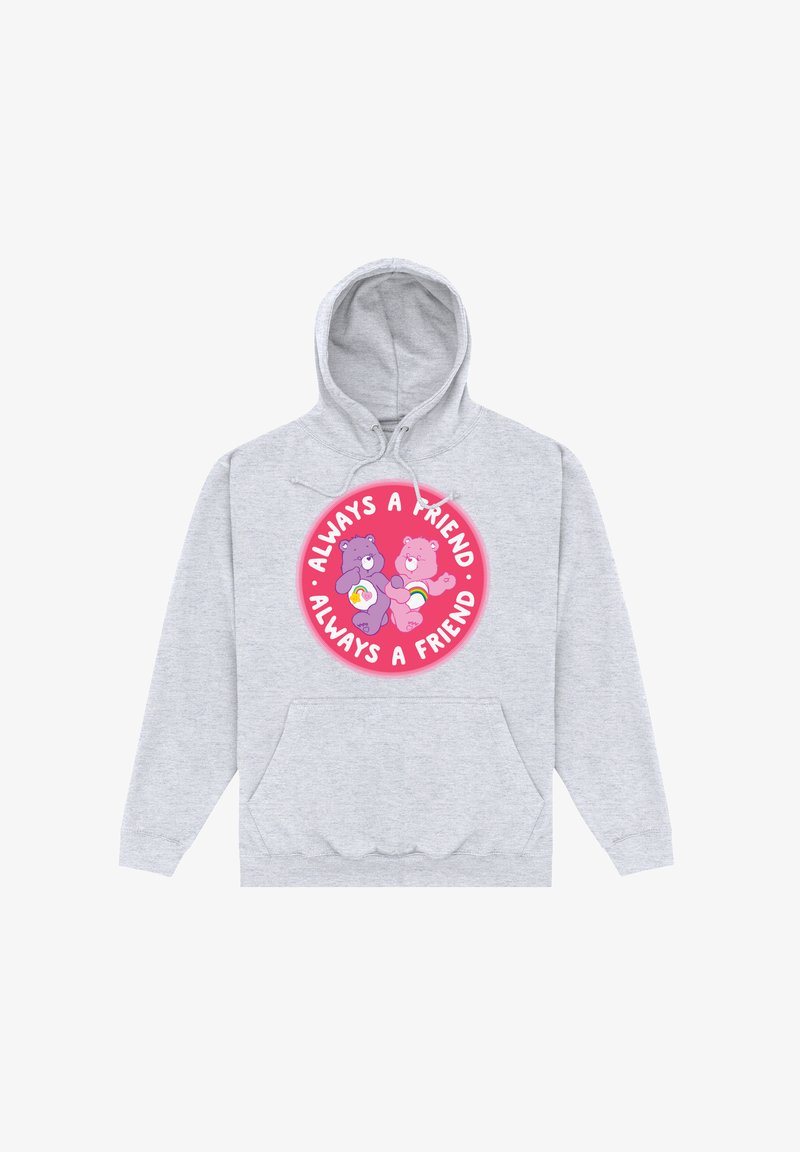 Grå hooded tröja med en framficka, med en cirkulär grafisk design i rosa, som föreställer två tecknade björnar och texten "Alltid en vän."
