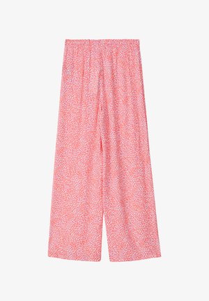 Pantalon large rose avec une taille élastique, présentant un motif texturé de petites formes blanches et roses foncées sur l'ensemble.