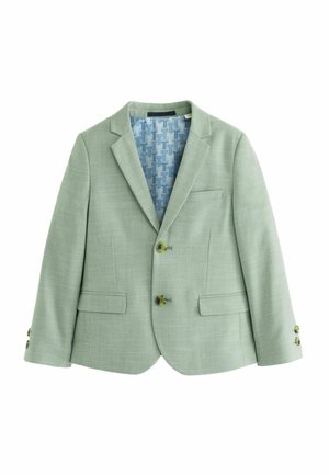 Light green blazer with a textured finish, notched lapels, two front pockets, and three green buttons. Blue patterned lining visible.