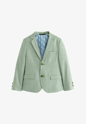 Blazer vert clair avec une finition texturée, revers crantés, deux poches avant et trois boutons verts. Doublure à motif bleu visible.