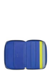 Blue leather wallet with a zip closure. Inside features multiple card slots in blue, yellow, and a light shade. Smooth texture, rectangular shape.