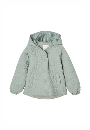 Light green quilted hooded jacket with floral stitching, front snap buttons, two front pockets, and elastic cuffs.