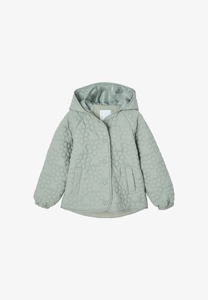 Hellgrüne gesteppte Kapuzenjacke mit Blumensteppung, vorderen Druckknöpfen, zwei Vordertaschen und elastischen Bündchen.