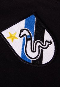 Geborduurde schildembleem met een zwart, wit en blauw ontwerp met een gele ster en een slangmotief, geplaatst tegen een zwarte achtergrond.