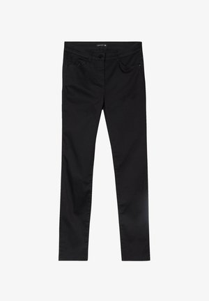 Zwarte stretchjeans met een slim fit, een klassieke vijf-pocketontwerp en tonale stiksels, voorzien van een rits en knoopsluiting.