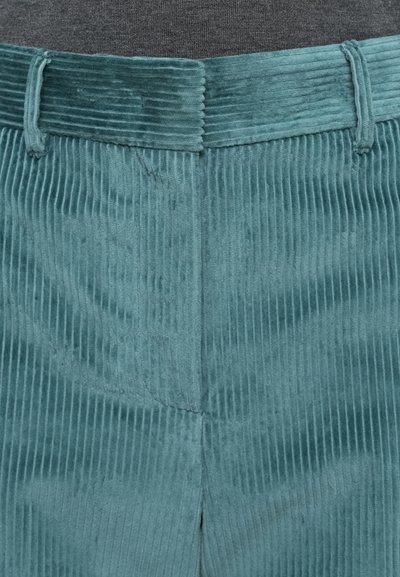 Teal corduroy pants with vertical ribbing, featuring a textured surface, belt loops at the waist, and a clean waistband finish.