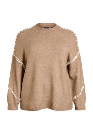 Beige oversize pletený svetr s ribovaným výstřihem a manžetami, s bílými stehy na ramenou a rukávech.