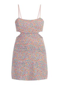 Rochie cu imprimeu florale, cu bretele subțiri, corset ajustat și tăieturi laterale curbate, în nuanțe pastelate de roz, albastru și galben. Material din bumbac.