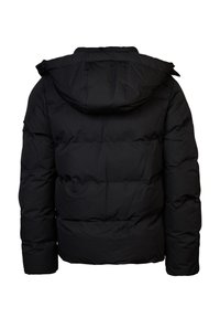 Giacca a vento nera con cappuccio, design trapuntato con segmenti orizzontali e polsini elasticizzati. Tessuto morbido e resistente.