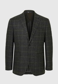 Pelēks žakets ar zivju kaula rakstu un smalkām dzeltenām svītrām, ar izliektiem atlokiem, viena pogas aizdari un diviem priekšējiem kabatām.